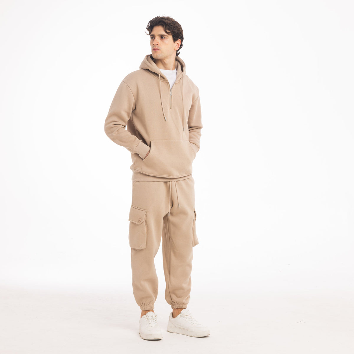 FELPA CAPPUCCIO MEZZA ZIP-11638|Colore:Beige