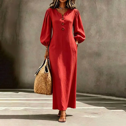 Vestido maxi mujer con escote en V y mangas abullonadas