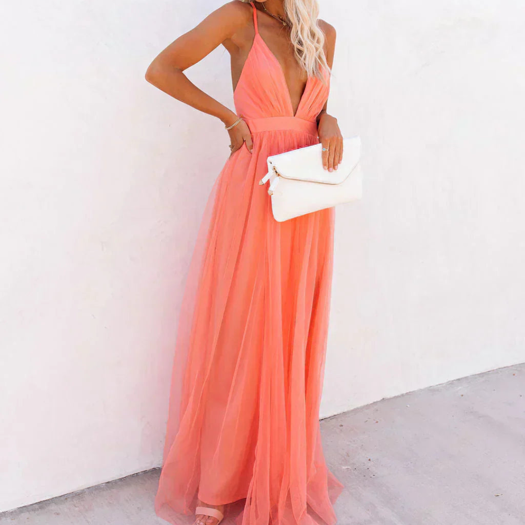 Vestido largo fluido mujer espalda descubierta – elegante verano