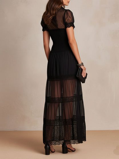 Vestido maxi mujer negro con encaje, botones y paneles transparentes
