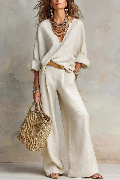 Conjunto mujer con escote en V y pantalón ancho