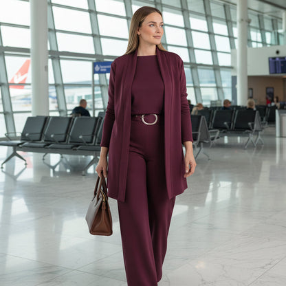 Conjunto tres piezas mujer con cárdigan largo elegante