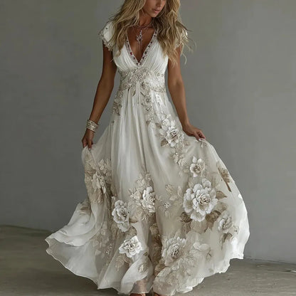 Vestido largo de mujer en chiffon con encaje bordado