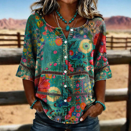 Camisa floral estampada para mujer con botones y mangas 3/4
