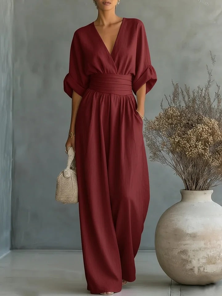 Mono mujer elegante escote V – mono pantalón ancho cintura alta
