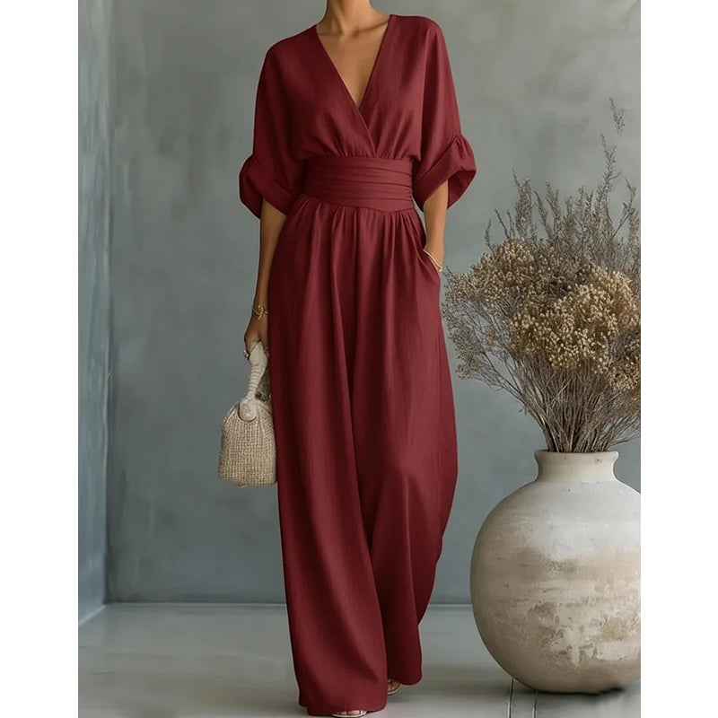 Mono mujer elegante escote V – mono pantalón ancho cintura alta