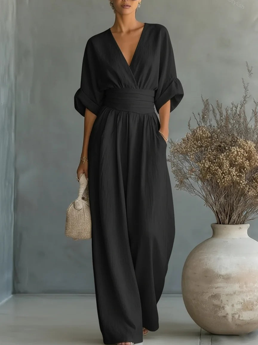Mono mujer elegante escote V – mono pantalón ancho cintura alta