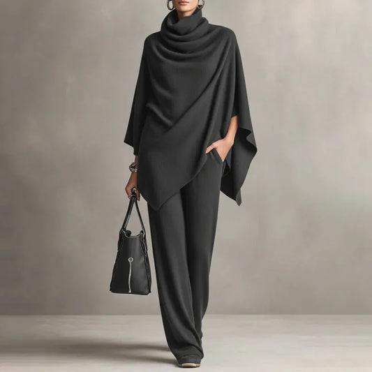 Conjunto elegante de capa drapeada y pantalón ancho para mujer