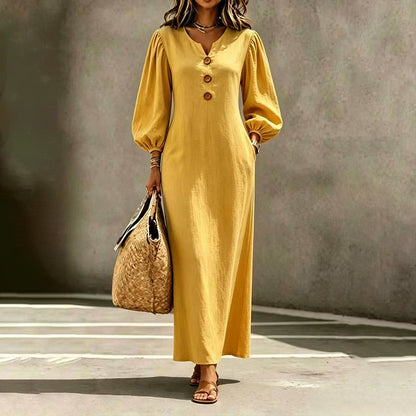 Vestido maxi mujer con escote en V y mangas abullonadas