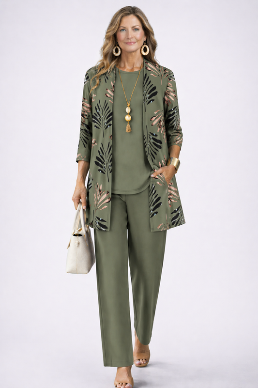 Conjunto mujer de tres piezas con cárdigan estampado elegante
