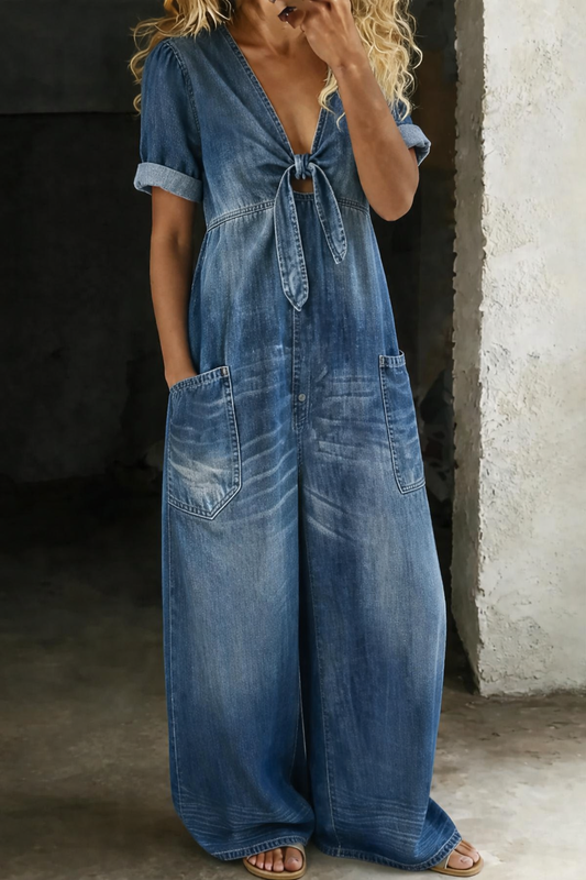 Mono denim para mujer con piernas anchas y corte fluido