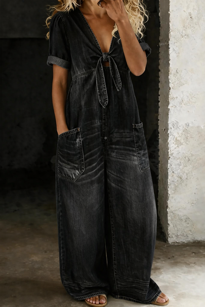 Mono denim para mujer con piernas anchas y corte fluido
