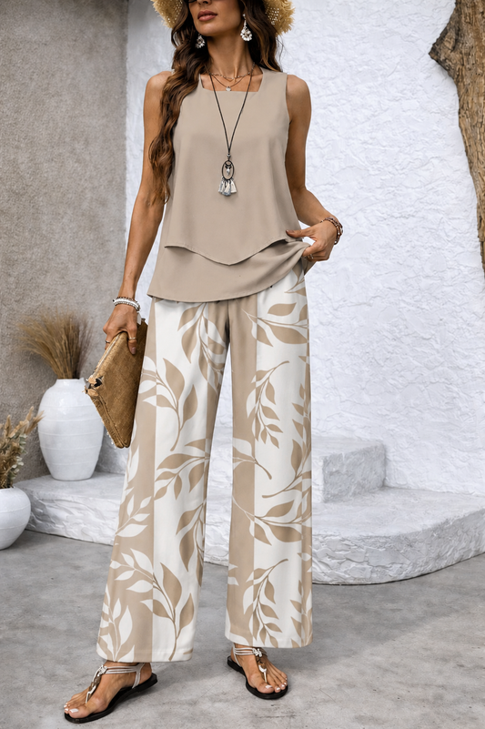 Conjunto de dos piezas mujer con top fluido y pantalón de hojas