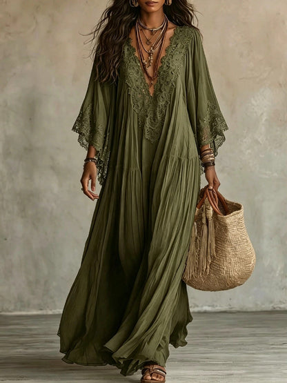 Vestido maxi de mujer con encaje y escote en V bohemio fluido