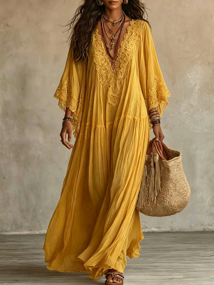 Vestido maxi de mujer con encaje y escote en V bohemio fluido