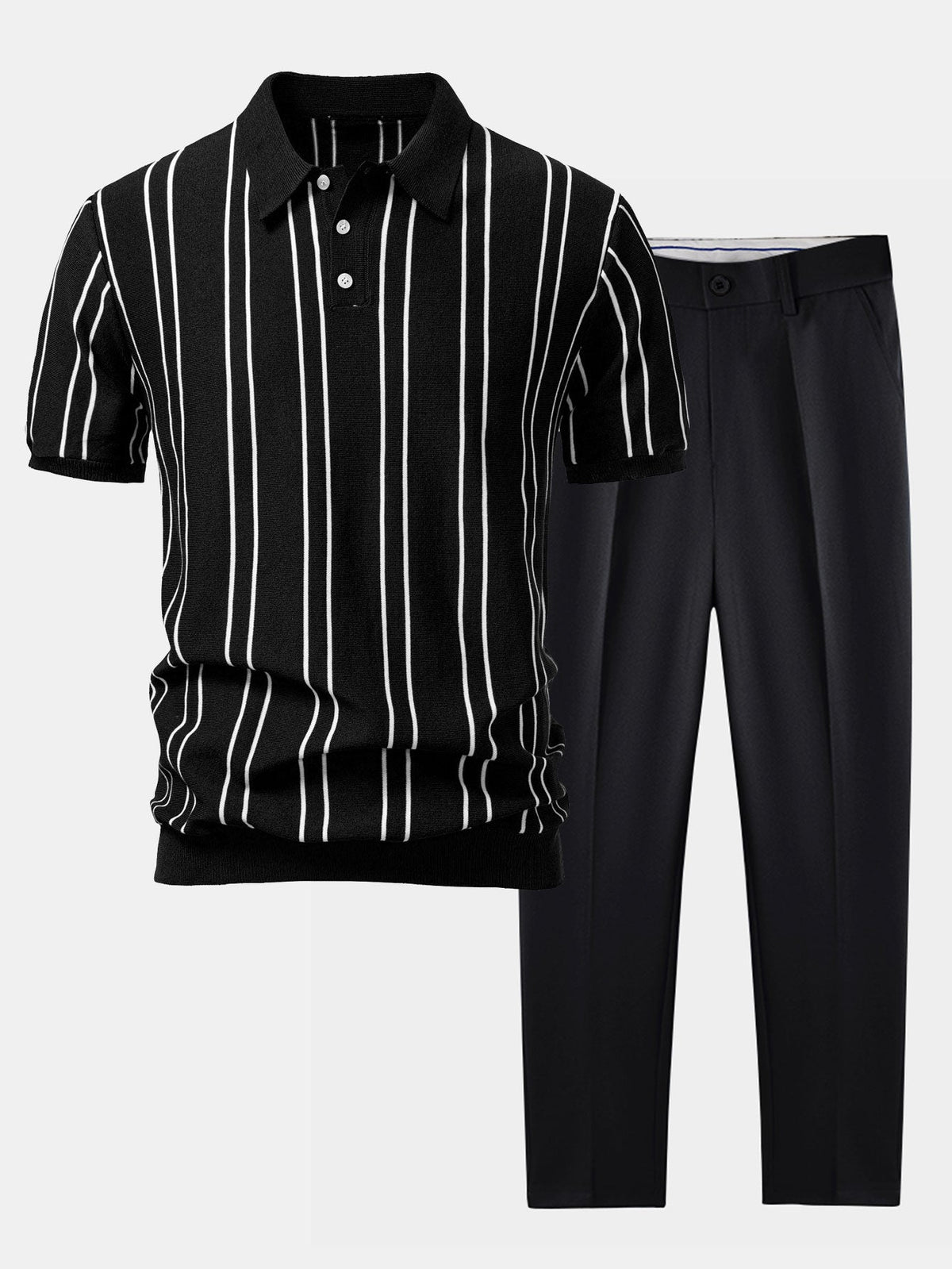 Polo de punto a rayas y pantalón cónico
