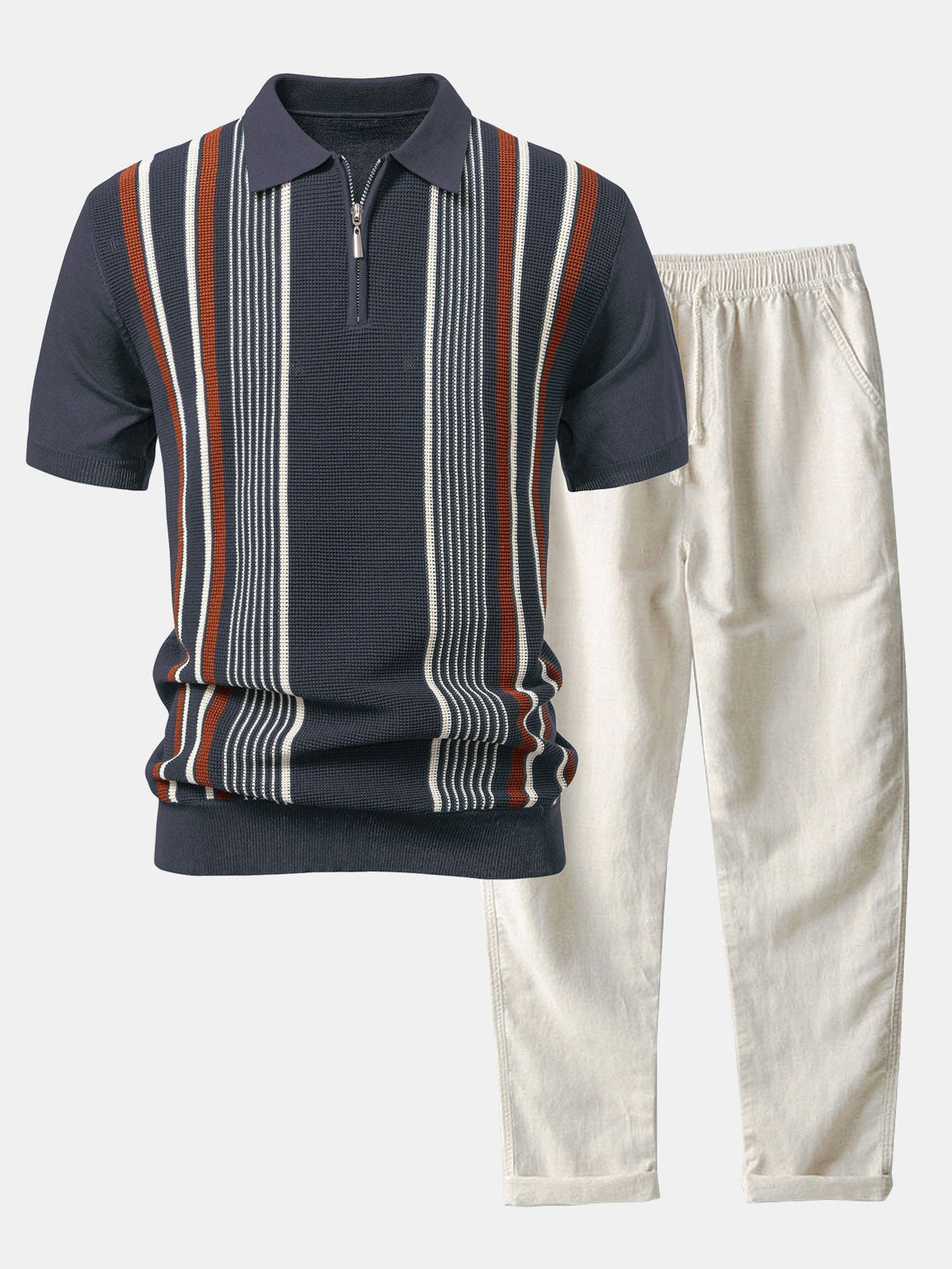 Conjunto polo rayas cremallera y lino