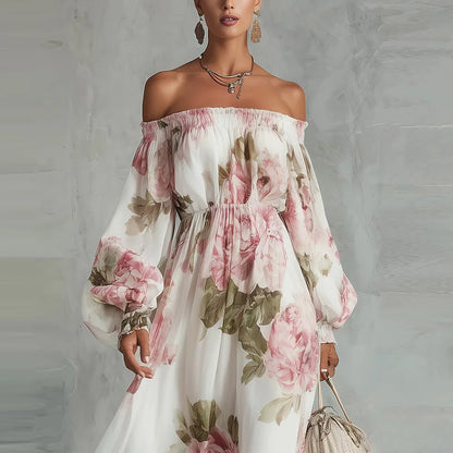 Vestido maxi floral para mujer con hombros descubiertos