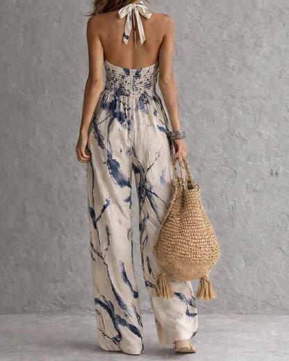 Mono mujer halter con estampado acuarela y pierna ancha
