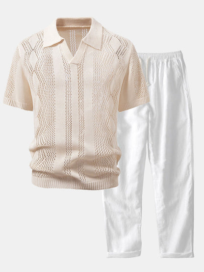 Conjunto polo crochet geométrico y lino