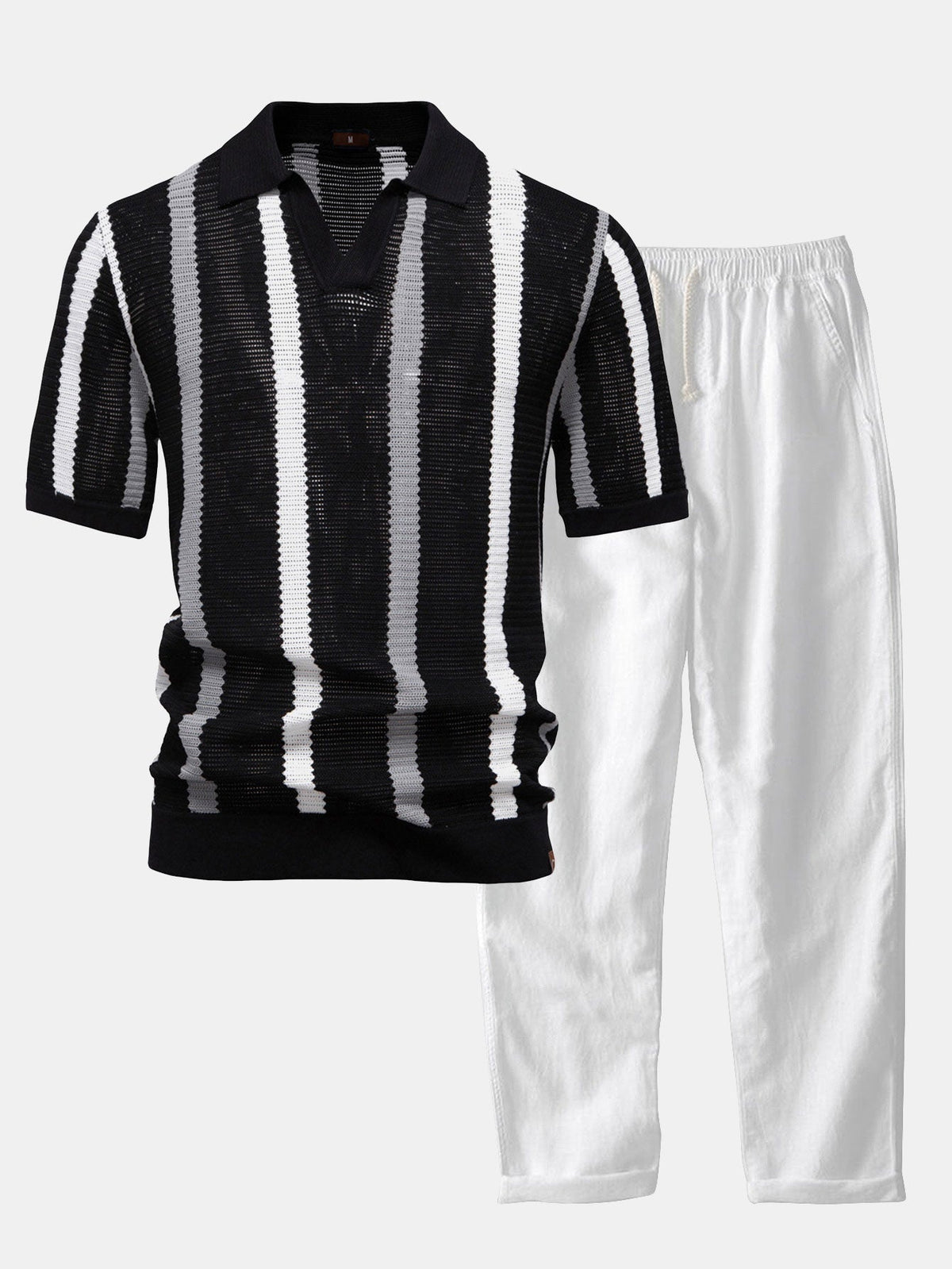 Conjunto polo rayas cuello V y lino