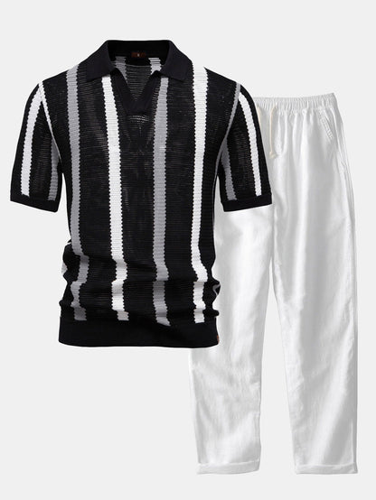 Conjunto polo rayas cuello V y lino