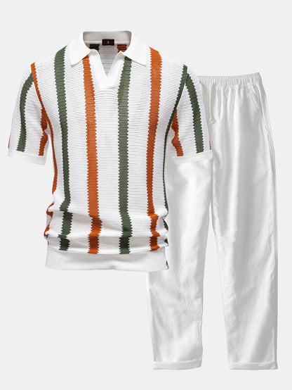 Conjunto polo rayas cuello V y lino