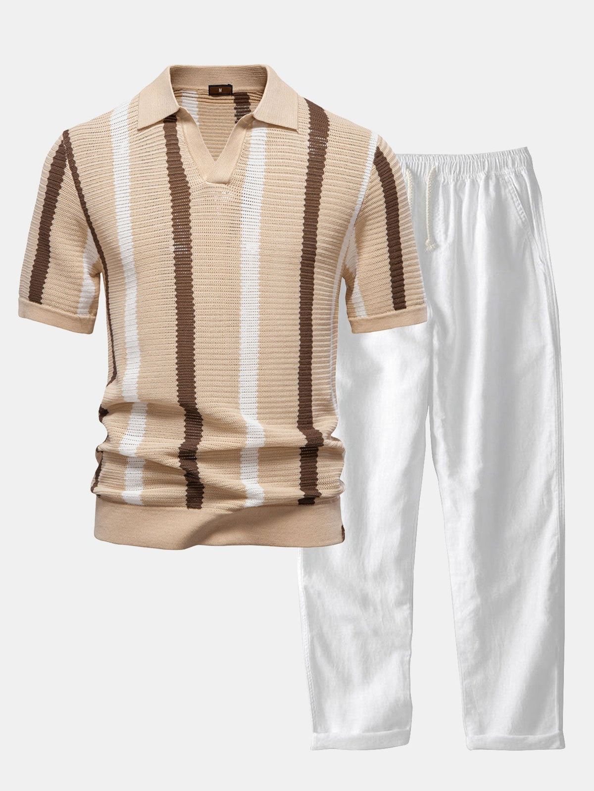 Conjunto polo rayas cuello V y lino
