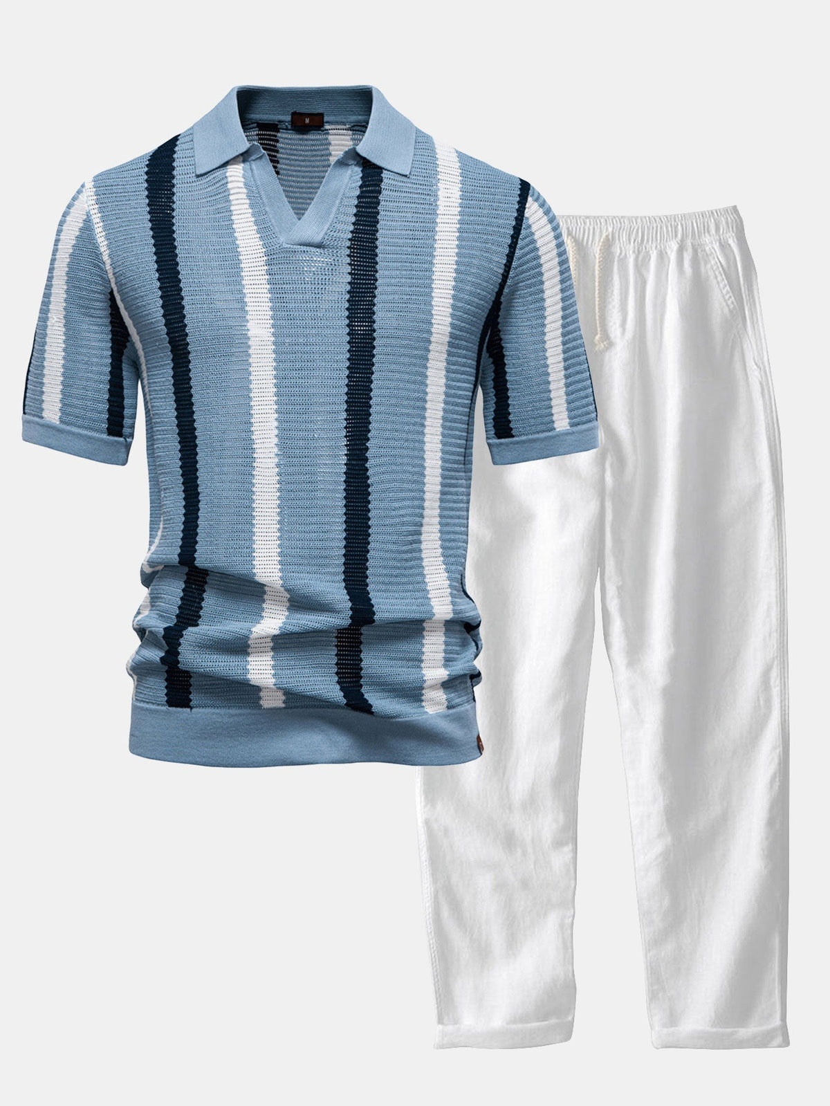 Conjunto polo rayas cuello V y lino