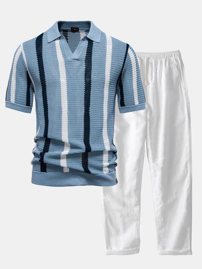 Conjunto polo rayas cuello V y lino