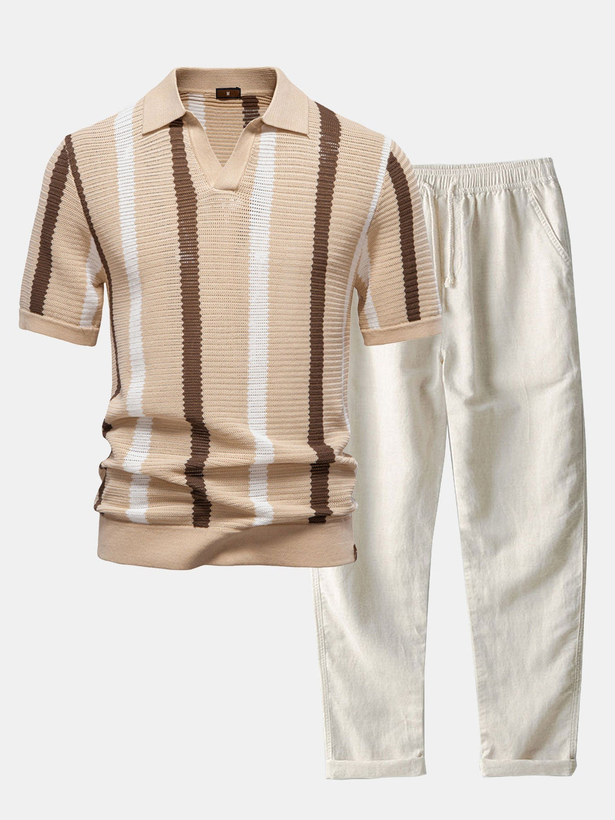 Conjunto polo rayas cuello V y lino