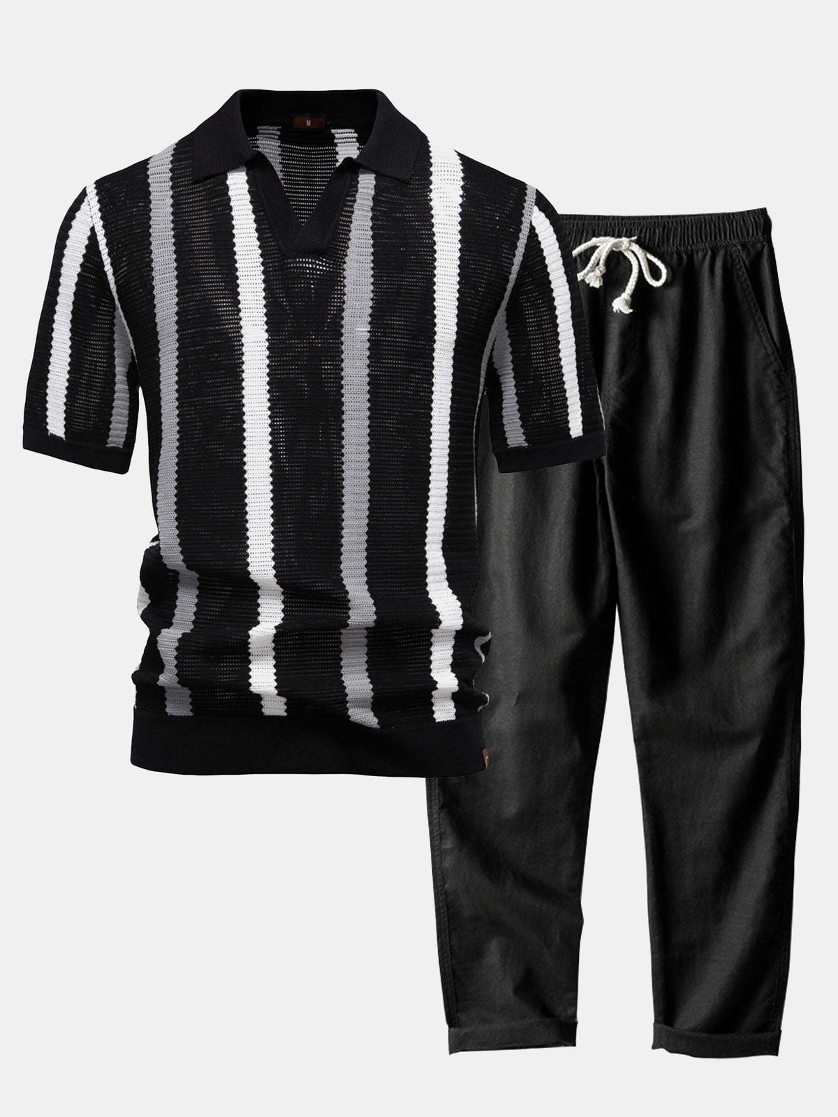 Conjunto polo rayas cuello V y lino