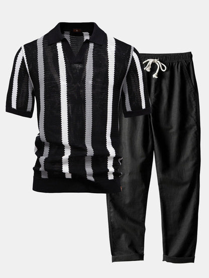 Conjunto polo rayas cuello V y lino