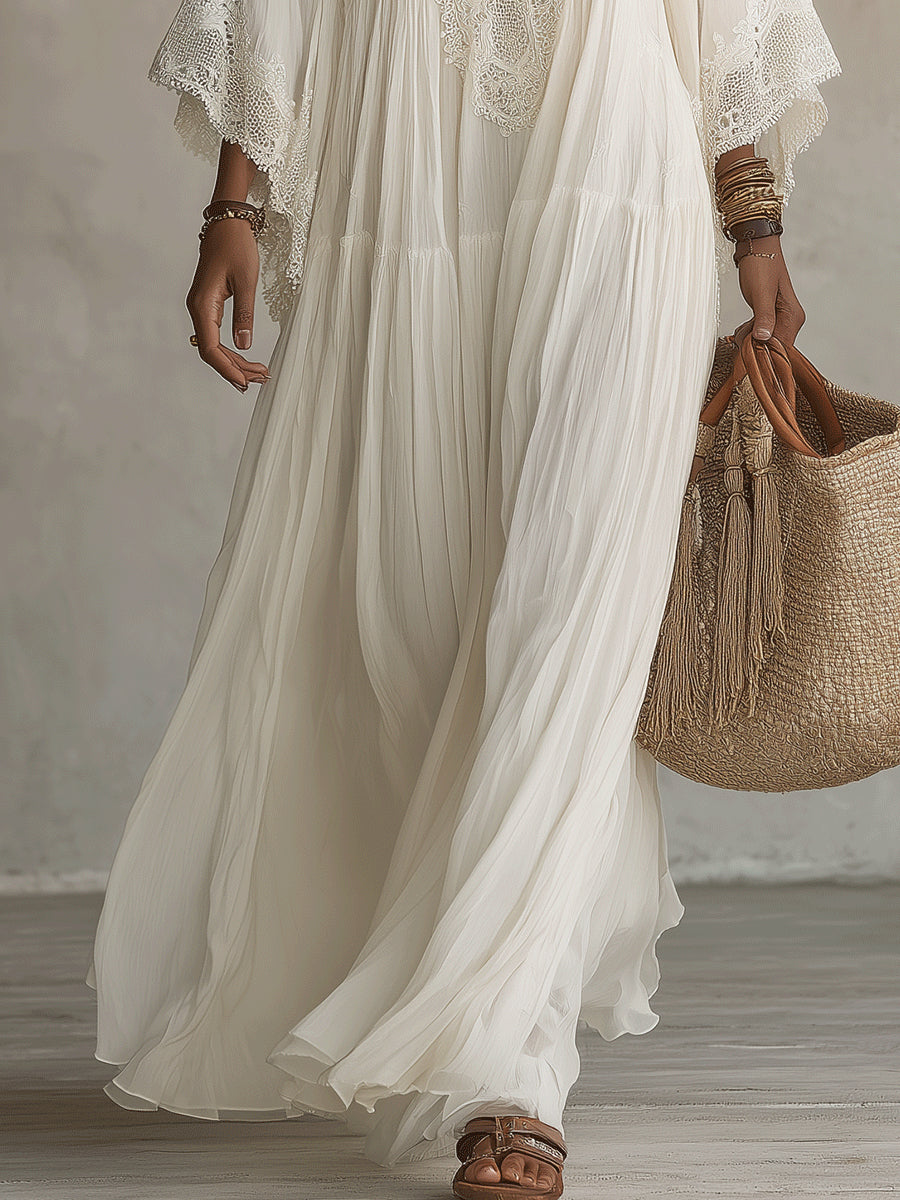 Vestido maxi de mujer con encaje y escote en V bohemio fluido