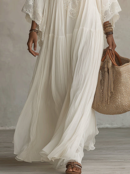 Vestido maxi de mujer con encaje y escote en V bohemio fluido