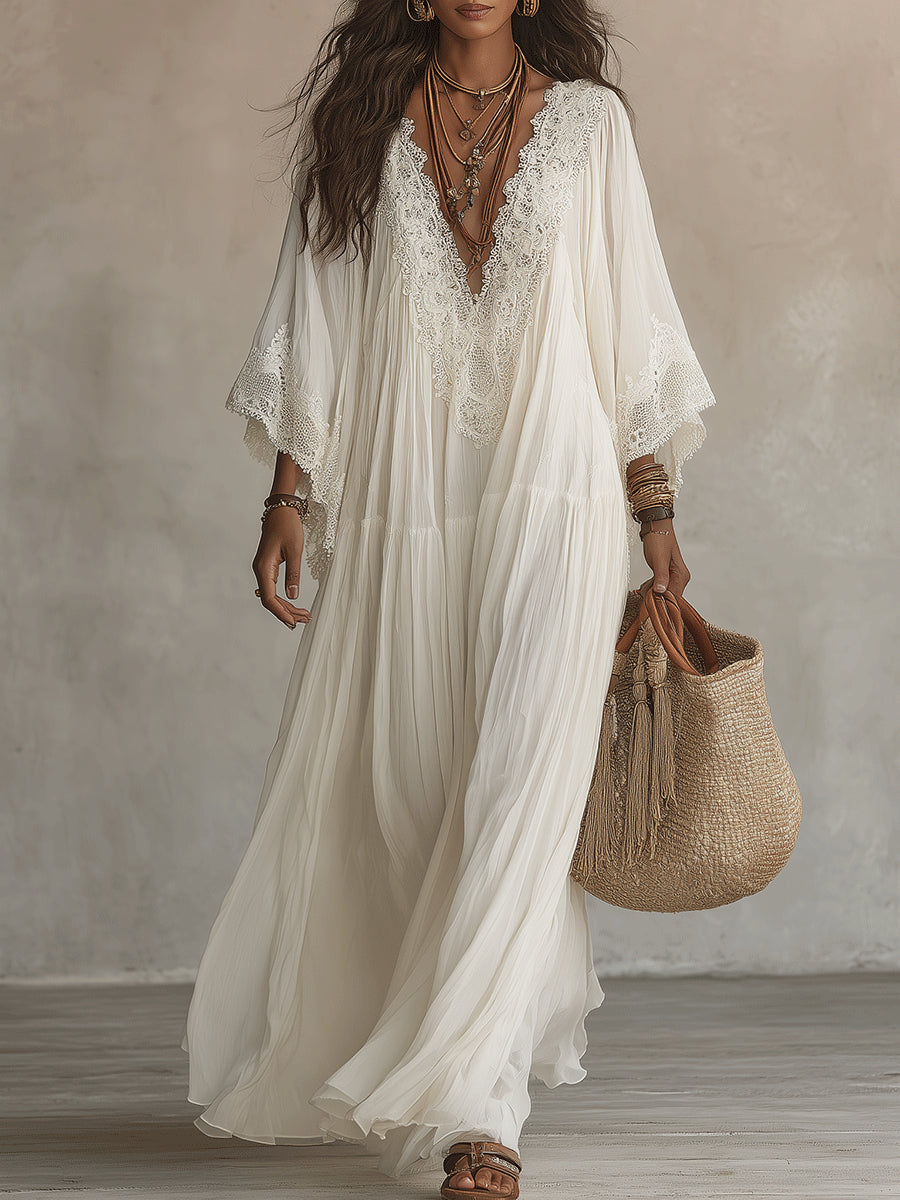 Vestido maxi de mujer con encaje y escote en V bohemio fluido