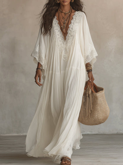 Vestido maxi de mujer con encaje y escote en V bohemio fluido