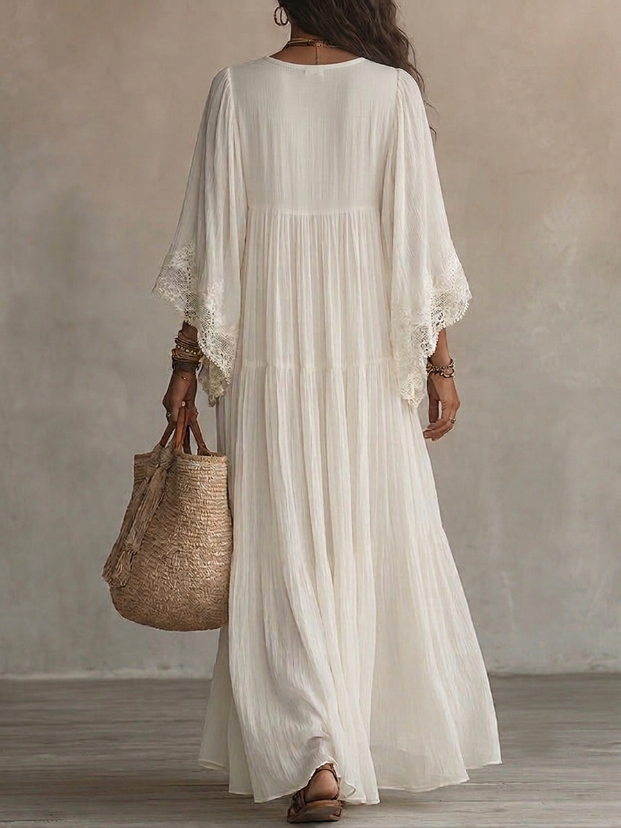 Vestido maxi de mujer con encaje y escote en V bohemio fluido