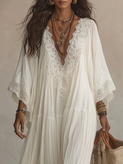 Vestido maxi de mujer con encaje y escote en V bohemio fluido