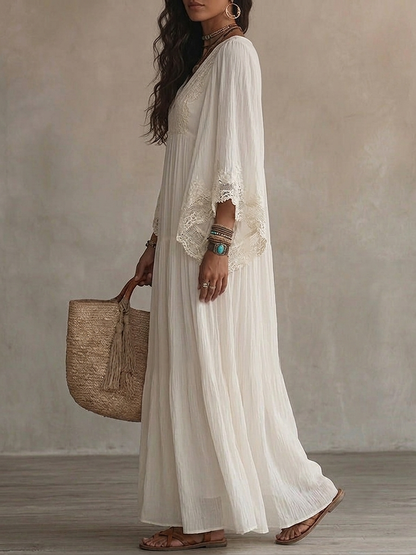 Vestido maxi de mujer con encaje y escote en V bohemio fluido