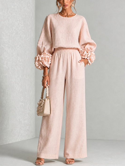 Conjunto mujer dos piezas con mangas florales y pantalón ancho
