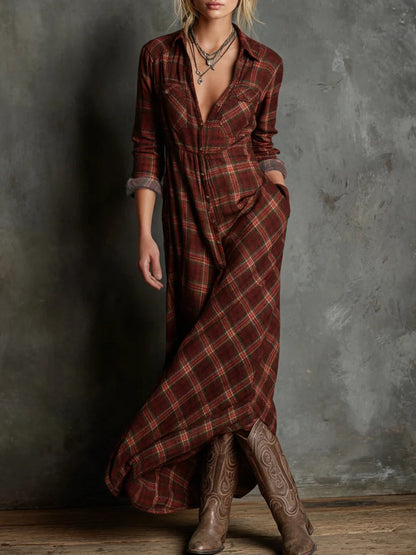 Vestido camisero largo a cuadros para mujer con cierre de botones
