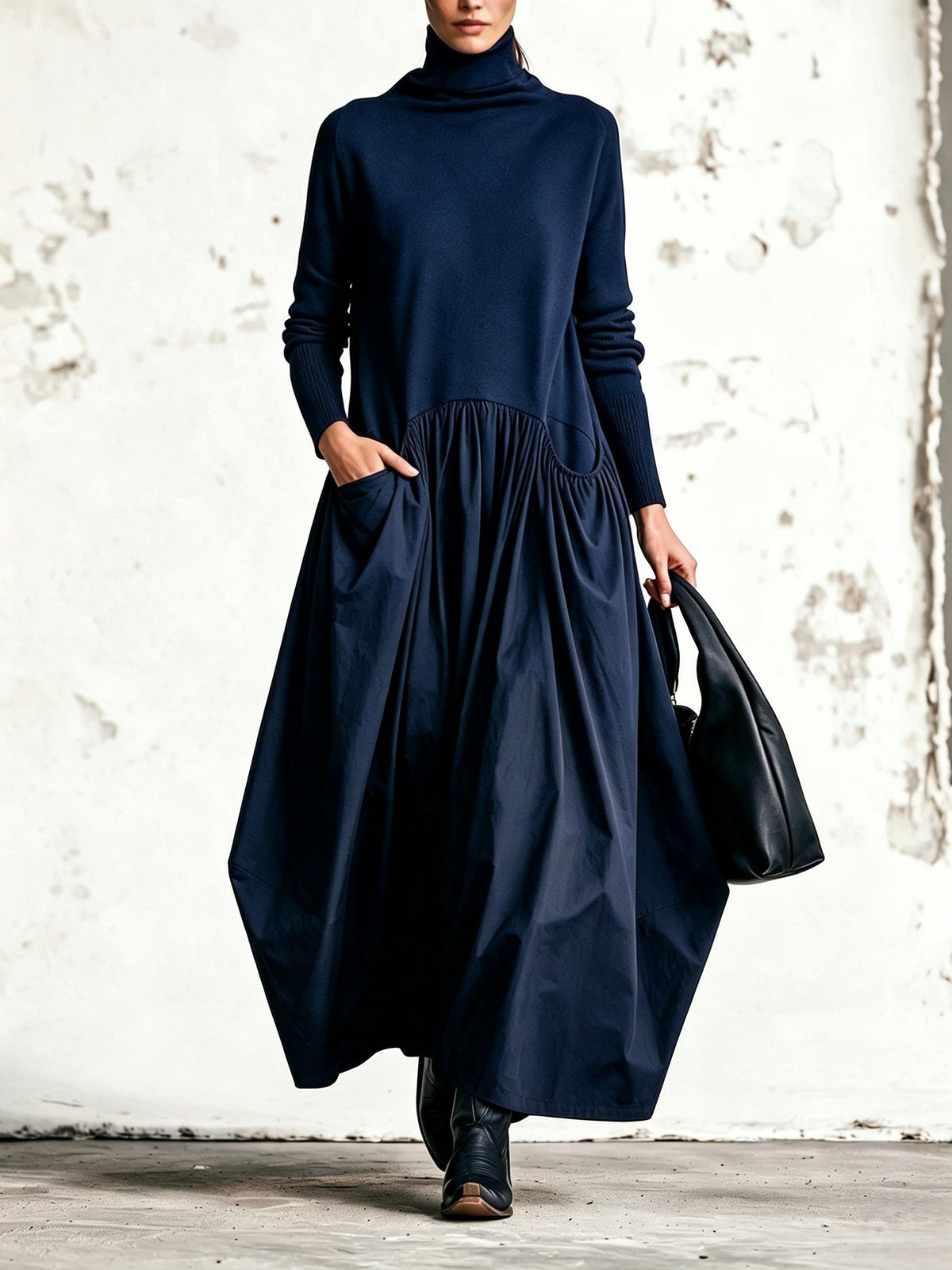 Vestido largo oversize para mujer con cuello alto y falda fruncida