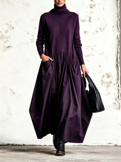 Vestido largo oversize para mujer con cuello alto y falda fruncida