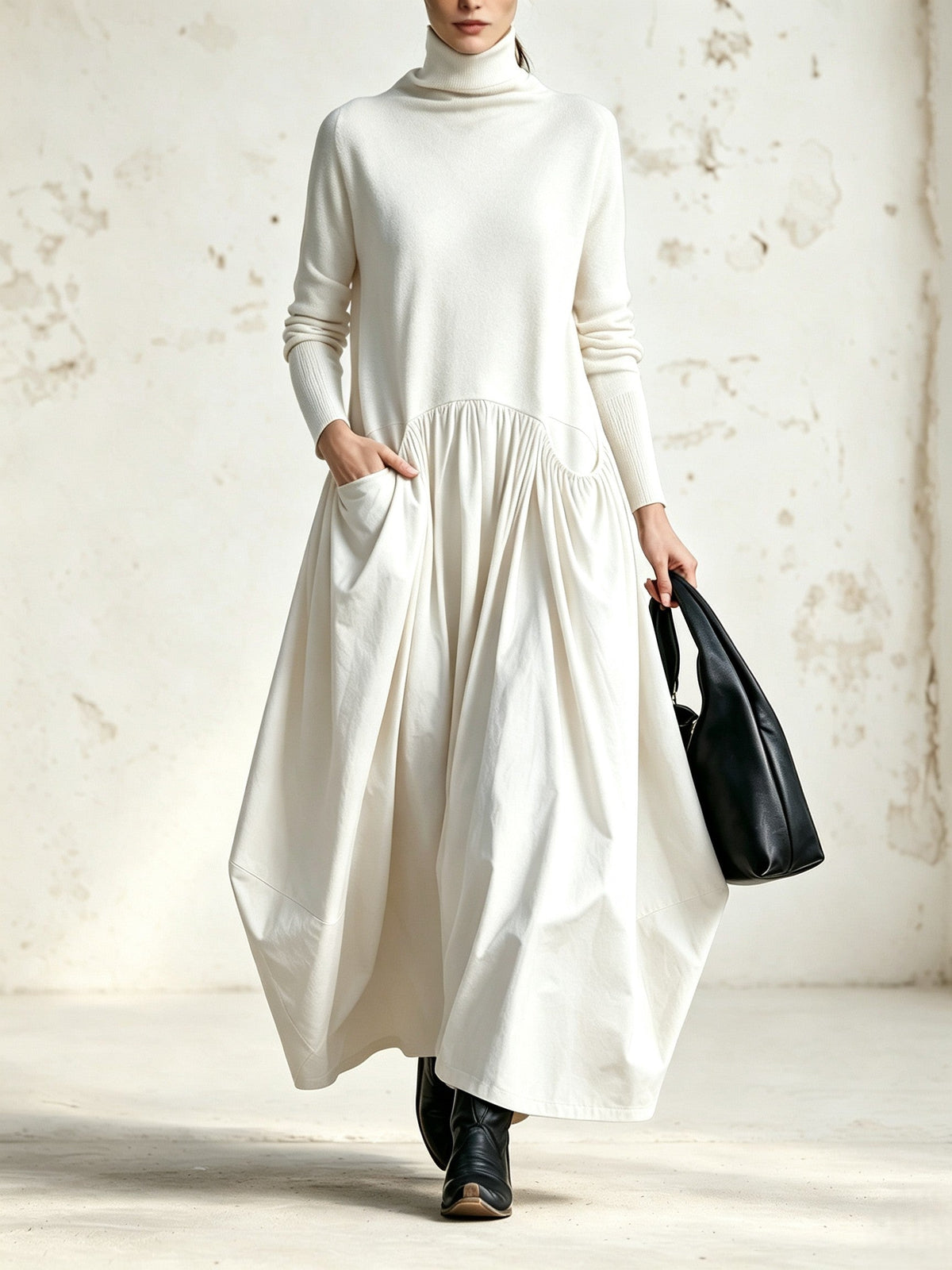 Vestido largo oversize para mujer con cuello alto y falda fruncida