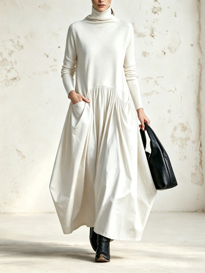 Vestido largo oversize para mujer con cuello alto y falda fruncida