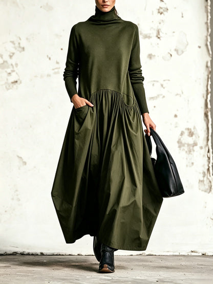 Vestido largo oversize para mujer con cuello alto y falda fruncida