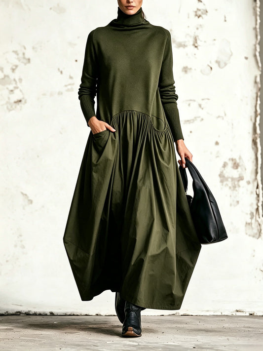 Vestido largo oversize para mujer con cuello alto y falda fruncida