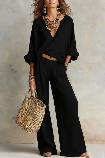 Conjunto mujer con escote en V y pantalón ancho