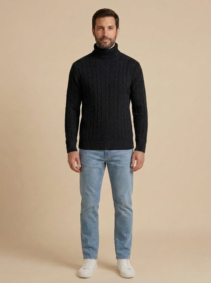 Adriano jersey de ochos grueso de cuello alto negro, de frente